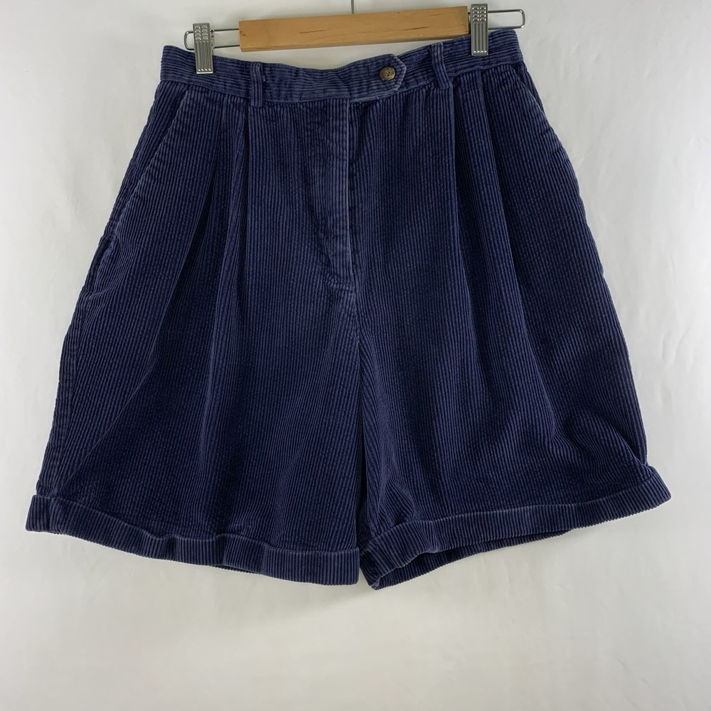 VTG 90s Womens High Rise Wide Whale Corduroy Shorts Size 6 Blue Academia Pleated